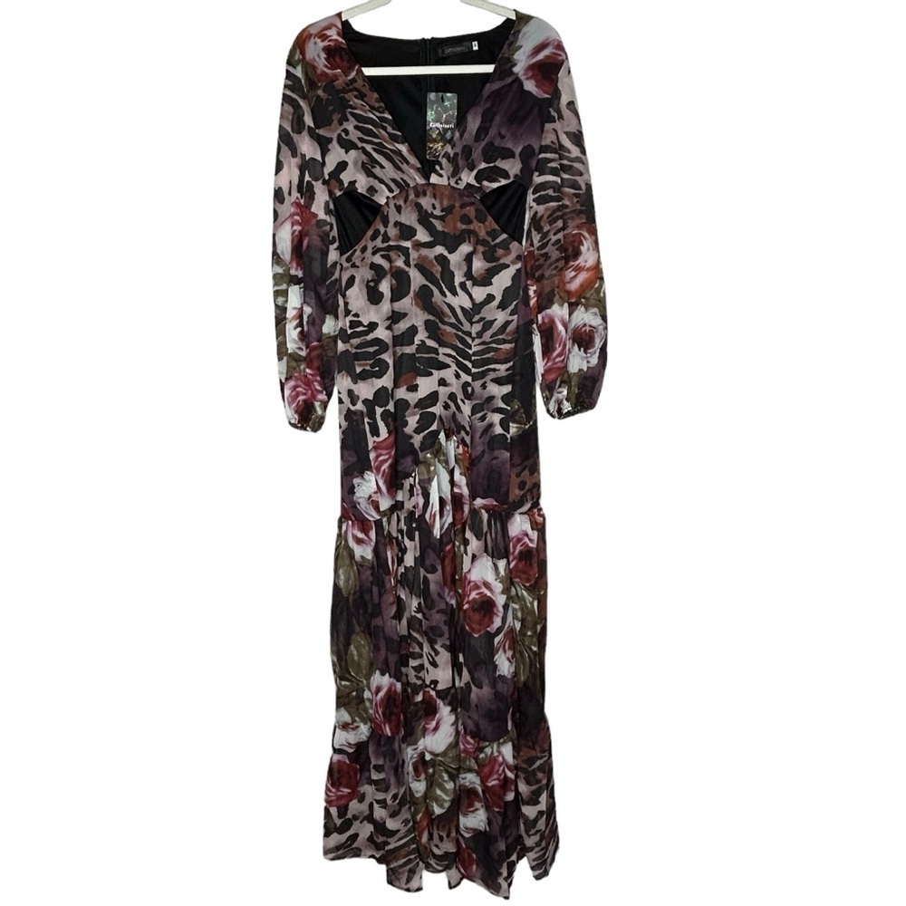 Giffniseti Leopard Floral Print Long Sleeve Ruffle Hem Maxi Dress NWT - Picture 5 of 16